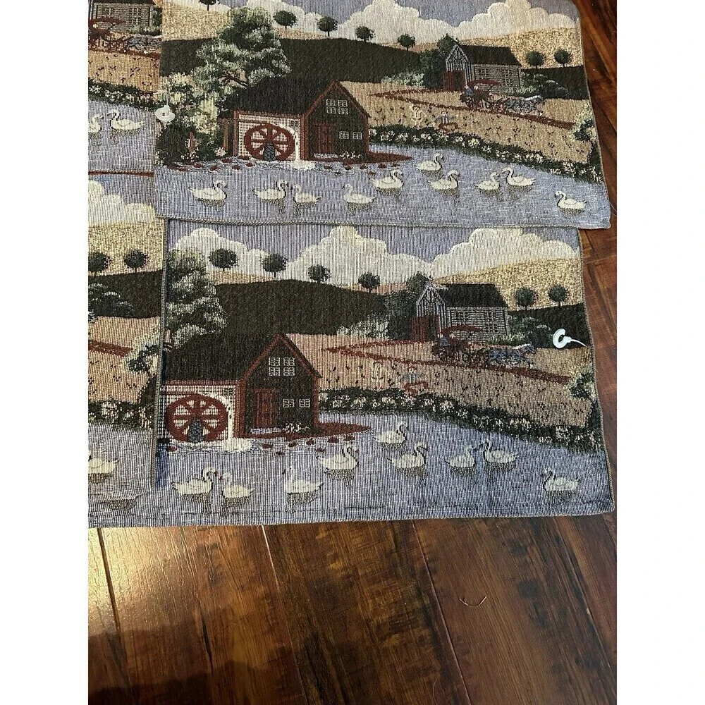 Set 4 Vintage Country Farm Watermill Pond Swans Patriotic Tapestry Placemats
